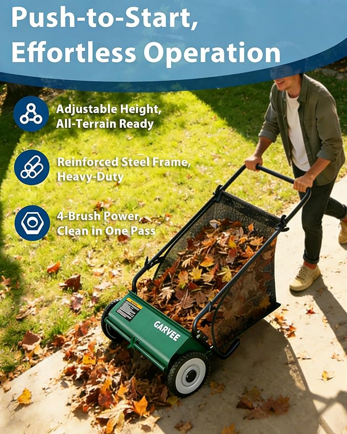 Push Lawn Sweeper, 26 Inch Extra-Wide 4-Brush System, 7 cu.ft. Mesh Bag, Heavy Duty Steel Frame, Height-Adjustable Yard & Garden Cleaner for Leaves and Grass