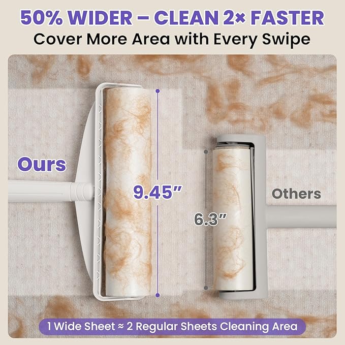 9.45” Large Surface Lint Roller: DELOMO Extra-Wide Sticky Roller for Pet Hair - Cleans Faster on Couches, Beds, Carpets, Clothing, Furniture & Car Seats - 450 Sheets Total - Ideal for Pet Homes