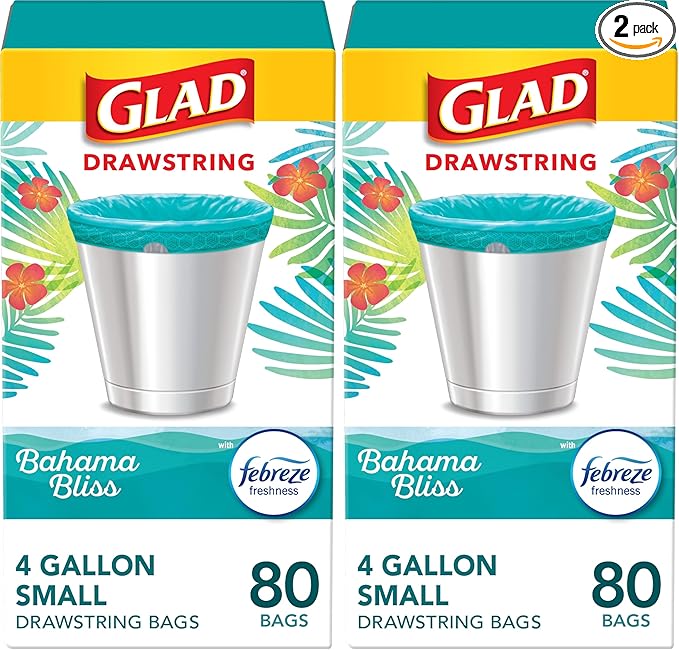 Glad Small Trash Bags 4 Gallon, Febreze Bahama Bliss Garbage Bags, Odor Resistant with Drawstring, 80 Count (Pack of 2)