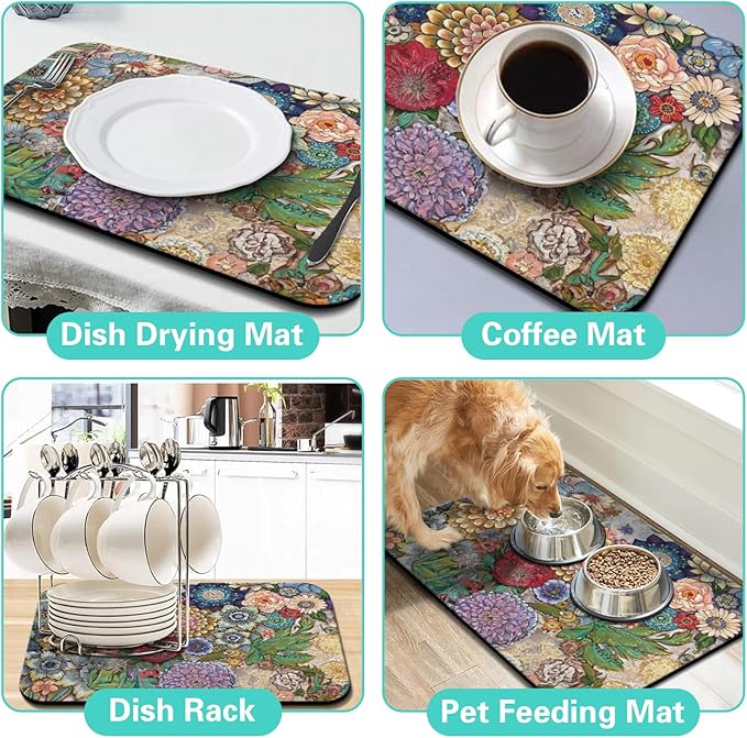 Dish Drying Mat for Kitchen Counter Matt, 2PCS 23"x15" Dish Drainer Mat & 24"x5.5" Sink Splash Guard, Super Absorbent Non-slip Rubber Backed