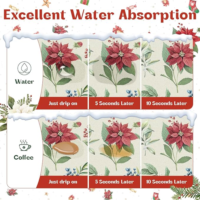 LOKHOM Christmas Dish Drying Mat for Kitchen Counter, 18"x24" Absorbent Christmas Sage Flower Herbs Drying Mat with Red Plants, Christmas Holiday Dish Rack Mat Coffee Maker Dining Room Decoration