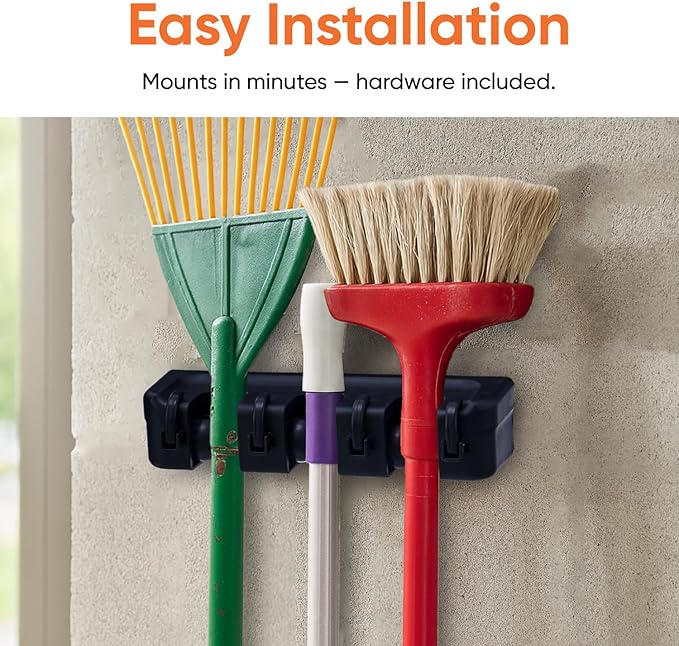 Superio Mop and Broom Holder Wall Mount Storage Organizer for Kitchen, Garage, Garden, 3 Slots (2 Pack, Black)