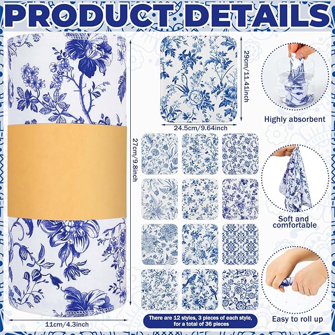 Tinlade 36 Pack Blue and White Floral Reusable Cleaning Cloths Washable Kitchen Towels Bulk Absorbent Cotton Dish Towels for Home Kitchen Cleaning Supplies