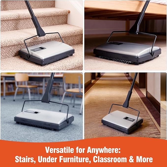 Carpet Sweeper Manual Cordless - Non-Electric Push Sweeper for Pet Hair & Debris on Carpets & Rugs, Includes Cleaning Tool & Extra Replacement Roller