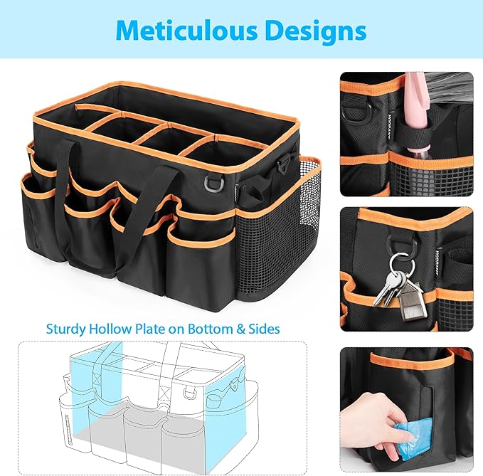 Extra-large Wearable Cleaning Caddy, Organizer Bag for Housekeeper with Pad, Handle & Divider, Car Wash Tools Bag for Detailing Supplies, Orange Edge