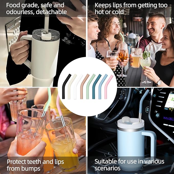 30 oz Stainless Metal Straws for 30 oz Stanley Tumbler, 6Pcs Reusable Straight Long Steel Straws with 12 Silicone Tips and 2 Straw Cleaning Brushes (6Color2, 30oz)