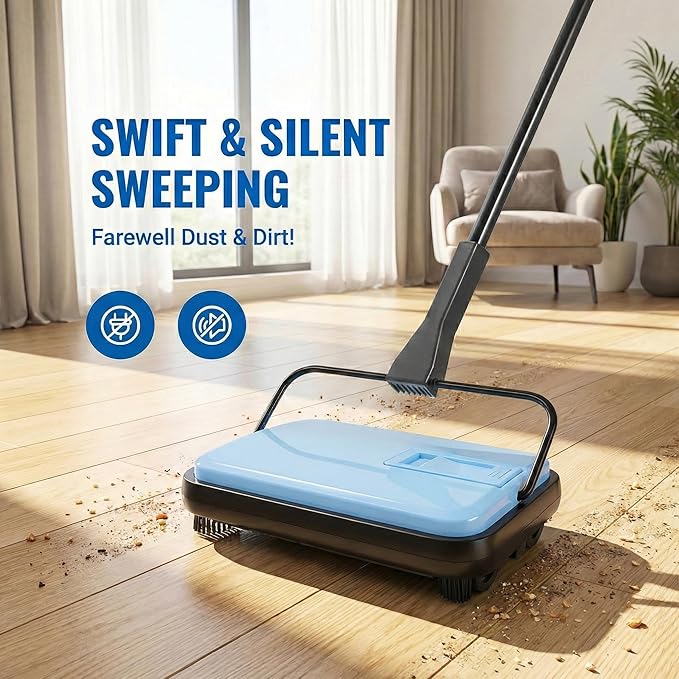 Manual Carpet Sweeper, Electric-Free Quiet Floor Sweeper with 300ml Easy-Empty Dustbin, 6.7” Cleaning Width for Pet Hair, Crumbs, Dust on Carpets, Hardwood, Tile - Home & Office Use (Blue)