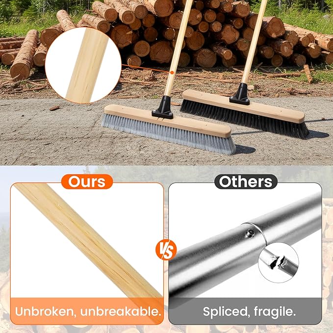ALANNG 24” Push Brooms for Indoor and Outdoor, Heavy Duty Broom for Sweeping with 61” Wood Handle, Soft Bristle and Stiff Bristle Broom Set for Shop, Garage