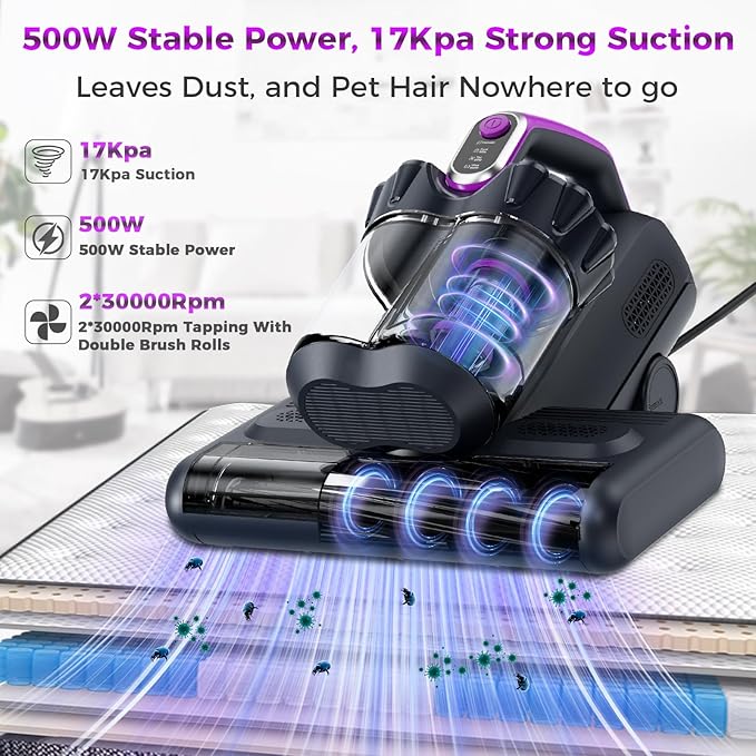 winterbear Mattress Vacuum Cleaner, 17Kpa Suction 500W High Power Handheld Roller-Type Bed Vacuum Cleaner with U-V-C Light & High Heating & Ultrasonic Tech, 2 * 30000Rpm Brush Rolls, Corded(Black)