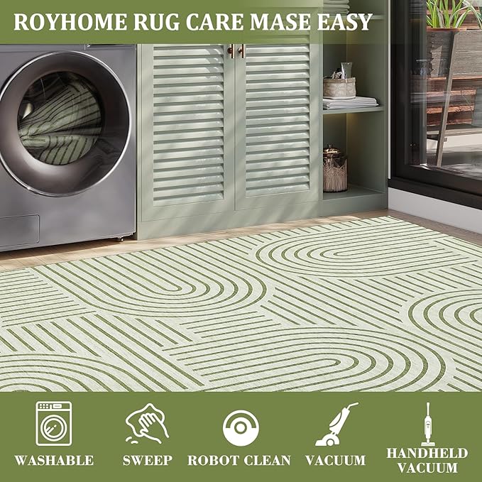 Washable Rug 4x6 Area Rugs for Living Room, Abstract Rug for Bedroom, Soft Rainbow Non Slip Throw Rugs with Rubber Back, Low Pile Stain Resistant Boho Geometric Carpet for Dining Room, Green