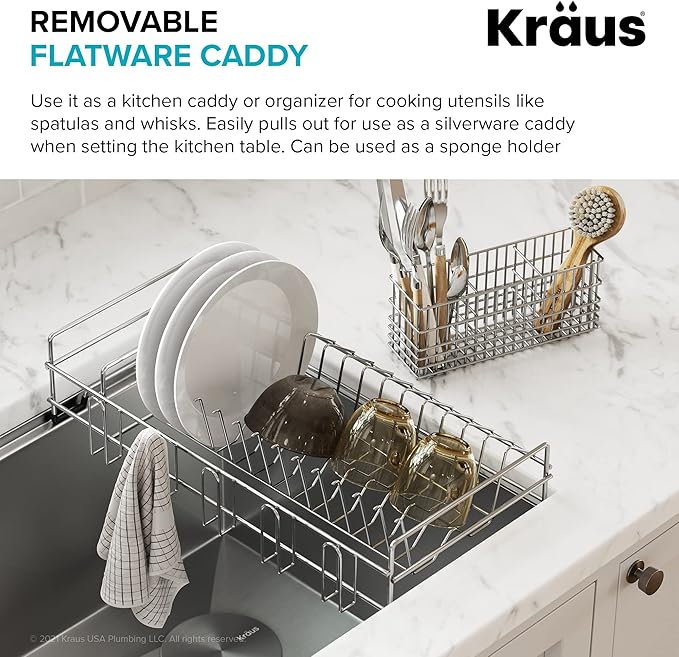 Kraus Workstation Kitchen Sink Dish Drying Rack Drainer and Utensil Holder, 17" L x 9" W, Stainless Steel, KDR-3