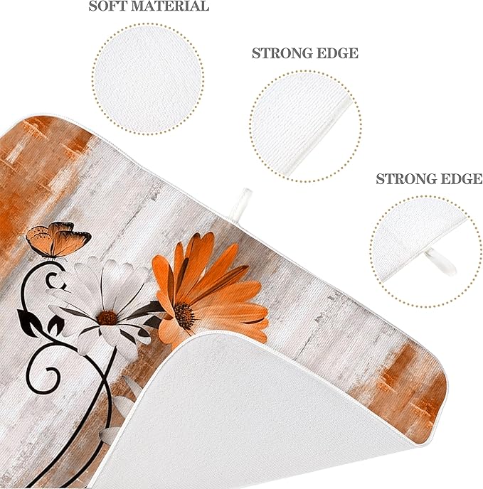 Floral Dish Drying Mat 18x24 Inches For Kitchen Counter Orange Daisy Flower Kitchen Decoration Drying Mat Modern Decorative Drying Pad For Home Kitchen Decor,Dining Room,Office Decor