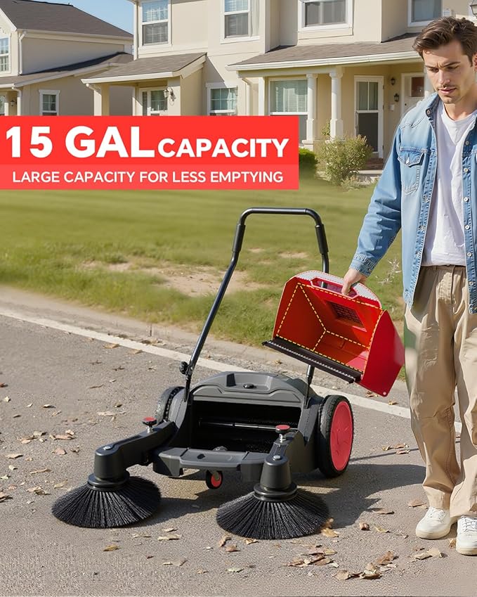 41" Walk-Behind Hand Push Floor Sweeper, 15 Gal Large Capacity, Folding Handle, 46000 SqFt/Hour Indoor & Outdoor Use, Ideal for Large Area Cleaning in Stores Farms Warehouses Stable