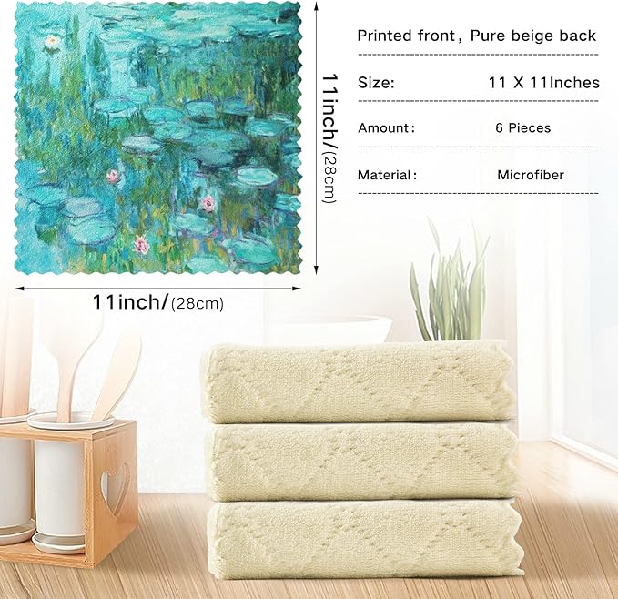 ALAZA Dish Towels Monet Painting Dish Cloths Super Absorbent Kitchen Towels Lint Free Bar Tea Soft Towel Kitchen Accessories Set of 6, 11"x11"
