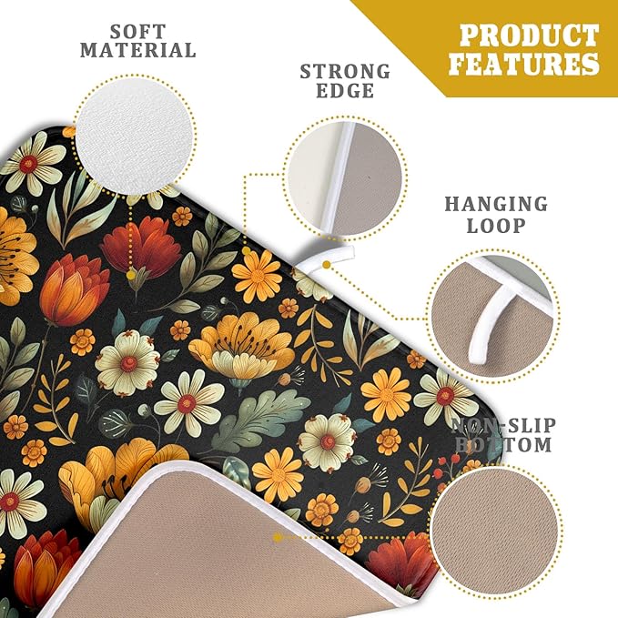 Vintage Boho Floral Dish Drying Mat for Kitchen Counter,Yellow Beige Black Spring Flower Drying Mat 16 x18 Inch with Absorbent Reversible Microfiber Drying Pad for Coffee Bar