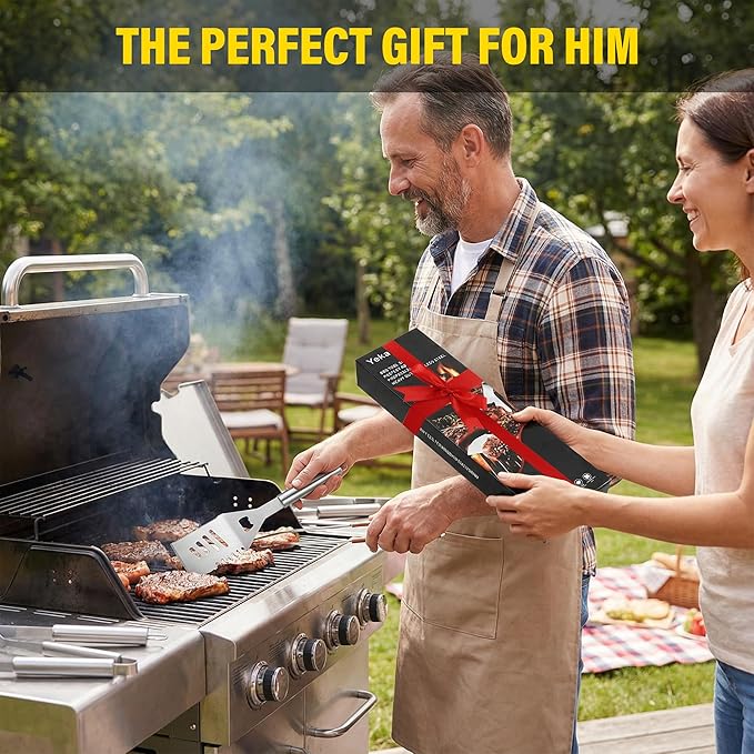 BBQ Grill Accessories Set, Grill Tools Grilling Accessories Grilling Gifts for Men - Spatula, Fork, Brush, Tongs & Cleaning Brush - Outdoor Barbecue Utensils Gifts for Men Dad Him (Sliver)