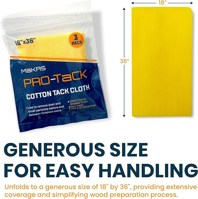 MāKRS 18" x 36" Pro-Tack Tack Cloth, 3-Pack Wood Prep Cloths, Remove and Trap Dust Particles, 100% Cotton, Staining, Varnishing, and Painting, Gentle on Surfaces