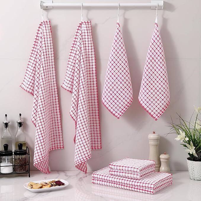 Homaxy Kitchen Towels and Dishcloths Set, 16 x 25 and 12 x 12 Inches, Set of 8 Cotton Terry Kitchen Dish Towels, Super Soft and Absorbent Dish Cloths, Red