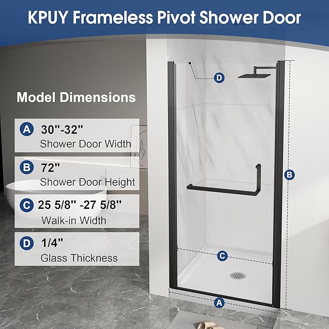 KPUY Pivot Shower Door, 30-32" W x 72" H Frameless Single Swing Glass Shower Door with Explosion-Proof Film Nano Coating, 1/4" (6mm) Thick Tempered Clear Glass, Matte Black