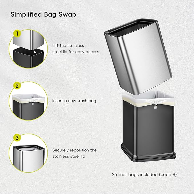 EKO Laguna 2.6 Gallon/10L Open Top Trash Can - Modern Matte Stainless Steel Waste Bin with Removable Inner Basket for Bathroom, Bedroom, and Office Use