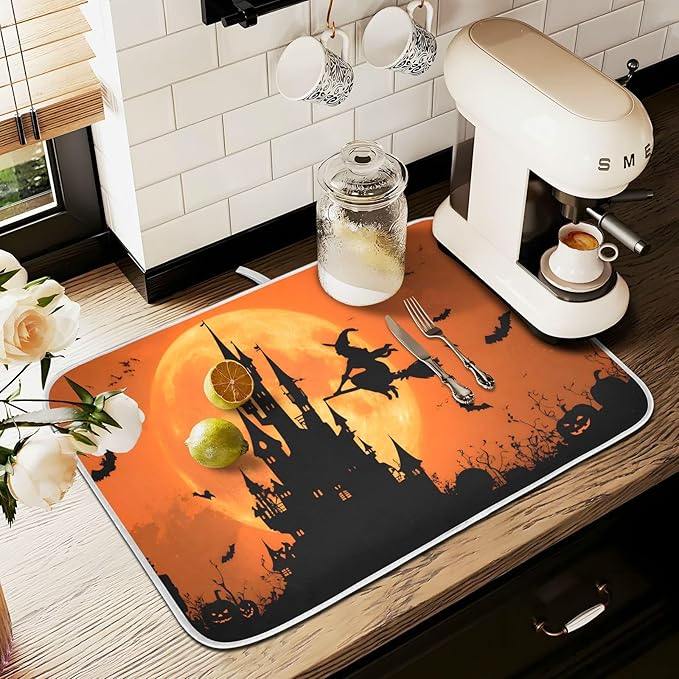 Halloween Witch Bat Castle Pumpkin Dish Drying Mat for Kitchen Counter Absorbent Microfiber Small Drying Pad Dish mats for Kitchen Countertops 16 x 18 Inch