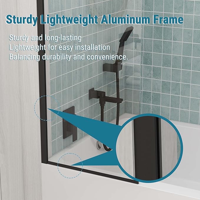 Sunrosa 24"×60" Bathtub Glass Panel,8mm Thick Shower Screen,Matte Black Semi-Frameless Bathroom Shower Door, Easy to Clean