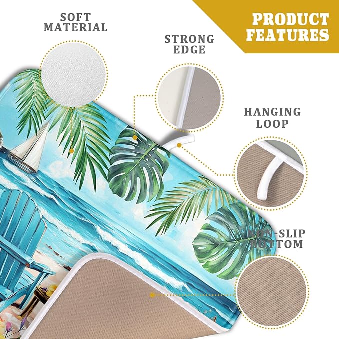Spring Summer Sea Chair Dish Drying Mat for Kitchen Counter,Coastal Beach Palm Leaf Flowers Drying Mat 16 x 18 Inch with Absorbent Reversible Microfiber Drying Pad for Coffee Bar