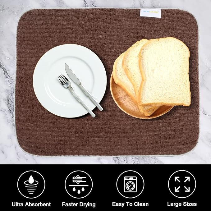 SINLAND Microfiber Dish Drying Mat Super Absorbent Dish Drying Pad for Kitchen Counter, Mat for Countertops or Sinks 16Inch X 18Inch Brown 2 Pack
