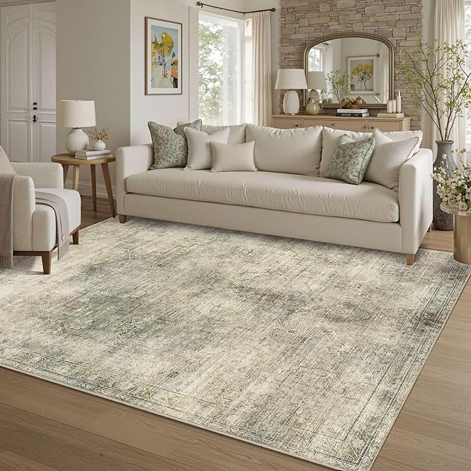 Vintage 5x7 Area Rug, Washable Green Rugs for Living Room, Bedroom, Dining Room, Kitchen, Boho Indoor Soft Rugs for Dorm Classroom Playroom, Non Slip Low Pile Distressed Carpets for Office