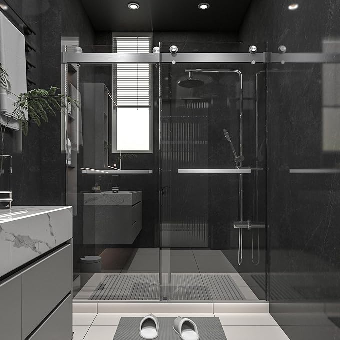 Shower Door 56–60 in W x 76 in H, 3/8" Tempered Glass Double Sliding Shower Door, Frameless Brushed Nickel, Exquisite Rolling Track Design, Reversible Installation for Modern Bathroom