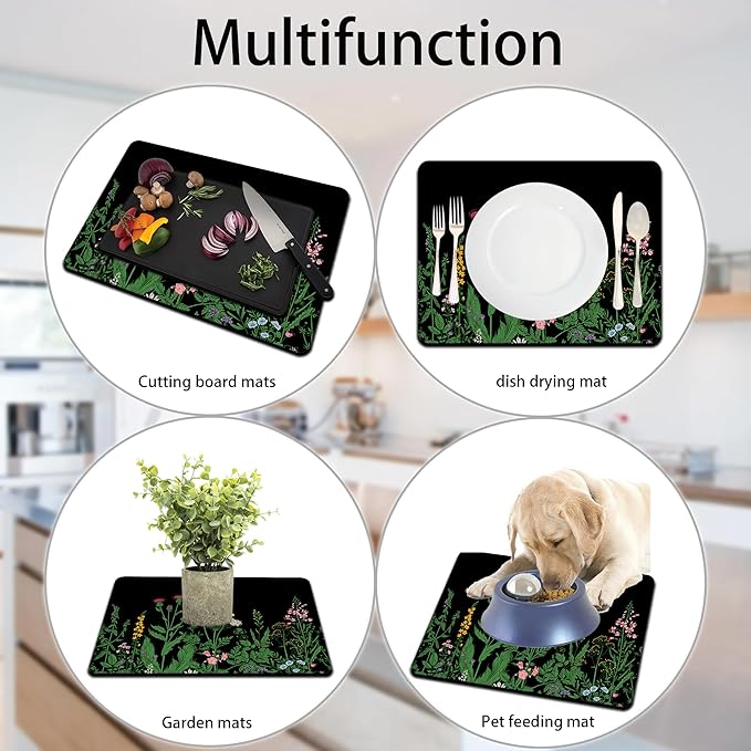 Dish Drying Mat for Multiple Usage. Super Absorbent, Easy clean, Quick dry, Cocina Accesorios for Kitchen Counter or Faucet Sink, Coffee bar, Refrigerator or Air fryer liners,2 Pack Flower