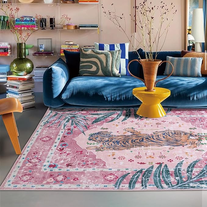 6x9 FT Leopard Rug for Living Room Light Pink Leopard Vintage Animal Rug Aesthetic Pink Rugs for Girls Room Nursery Bedroom Home Office Dorm Thin Bright Blush Pink Carpet (Light Pink, 6X9 FT)