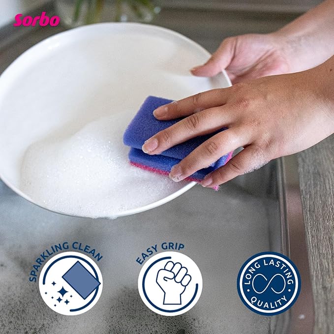 Sorbo Scouring Sponges, Non-Scratch Extra Grip and Super Absorbent Cleaning Scourers Ideal for Home and Kitchen Cleaning, Each Pack Includes 6 scourers in Assorted Colours