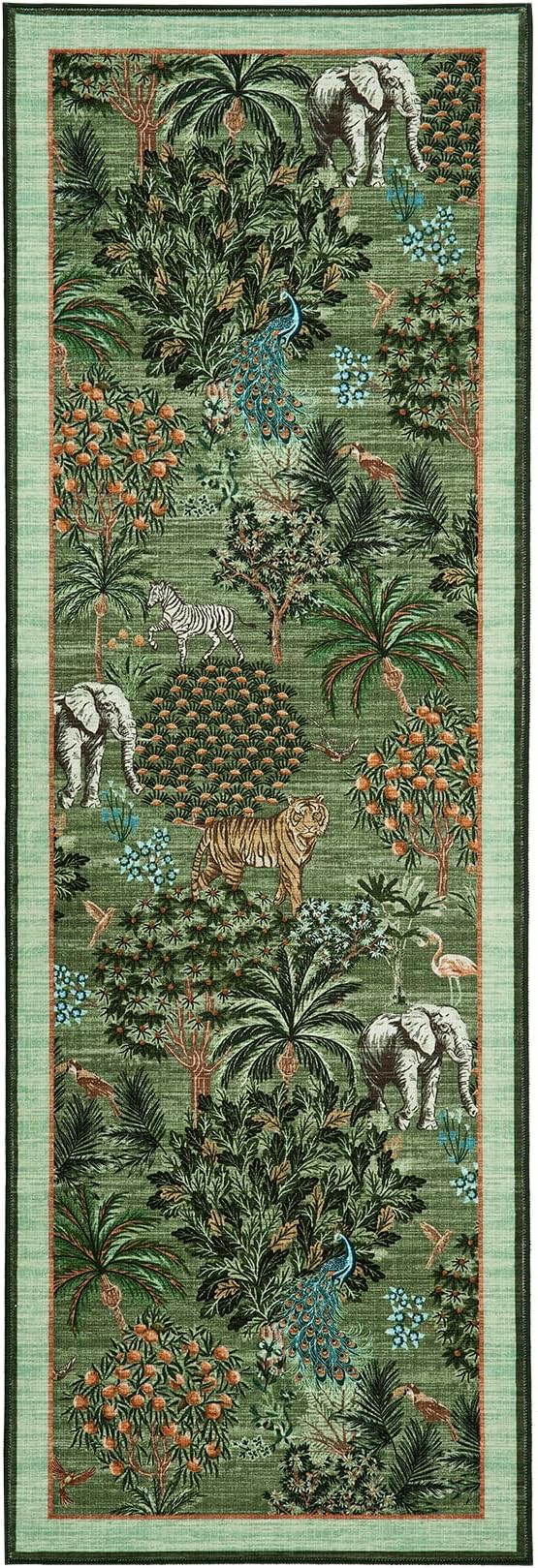 GarveeHome Jungle Rug 2.5x8 Kitchen Runner Rug Non Slip Washable Runners for Hallways, Animal Print Runner Rugs with Rubber Backing Soft Low-Pile Long Carpet for Bedroom Entryway Laundry, Forest Green