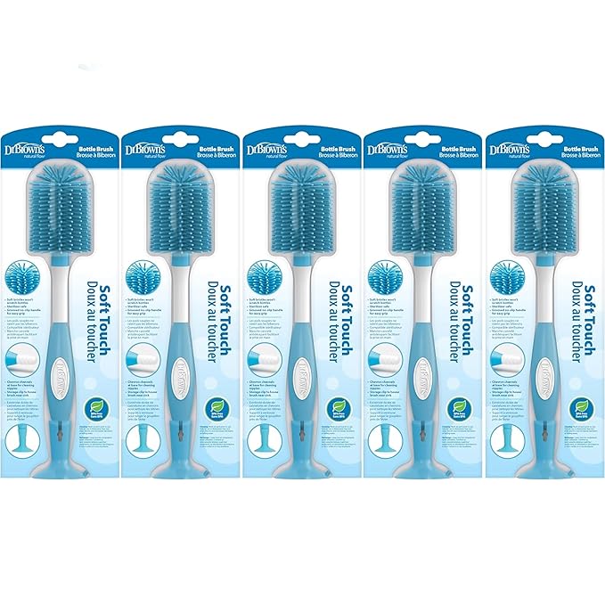 Dr. Brown's Soft Touch No Scratch Baby Bottle Cleaning Brush Nipple Cleaner with Stand and Storage Clip, BPA Free, Blue 1-Pack (Pack of 5)