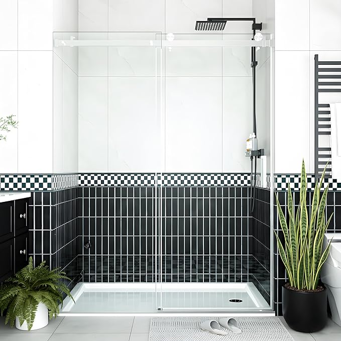 56-60" W x 76" h Frameless Sliding Shower Door – Waterproof Glass Shower Door-1/4 Tempered Clear Glass with Explosion-Proof Film, Brushed Nickel Handle & Seal Strip