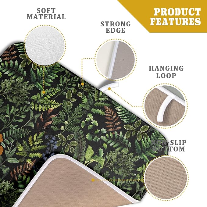 Black Sage Green Plant Dish Drying Mat for Kitchen Counter,Vintage Botanic Fern Leaves Floral Drying Mat 16 x 18 Inch with Absorbent Reversible Microfiber Drying Pad for Coffee Bar