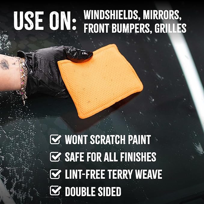 The Rag Company - Jersey Bug Scrubber Pads - Terry Weave, Easily and Safely Trap Bug Splatter in Sponge, Safe on All Finishes, 4in x 6in, Orange (5-Pack)
