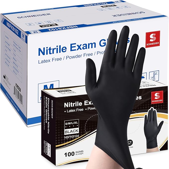 Schneider Black Nitrile Exam Gloves, 5 Mil Disposable Gloves, Latex Free & Powder Free, for Medical, Cleaning, Food Prep