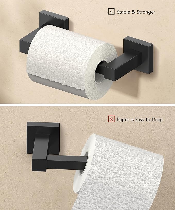 FORIOUS Toilet Paper Holder Wall Mount, Stainless Steel Rustproof Double Post Pivoting Tissue Roll Holder for Bathroom, Commercial Toilet Paper Dispenser (Matte Black, Square)