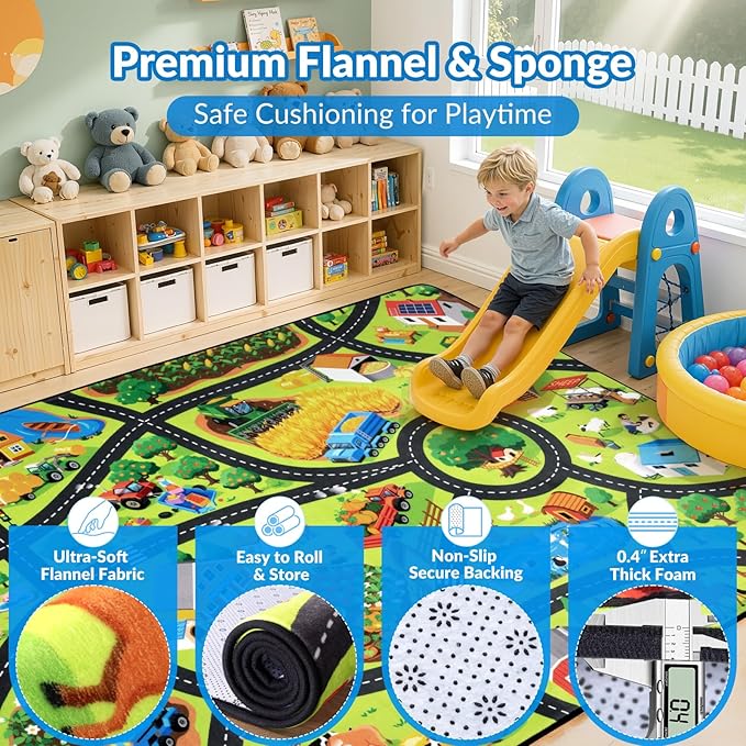 Kids Rug, Fun Farm Car Rugs for Kids' Toy Cars, 6x9 FT Extra Thick (0.4in) Toddler Car Play Mat, Non-Slip, Cushioned, Easy to Clean, Educational Imaginative Car Carpet for Kids
