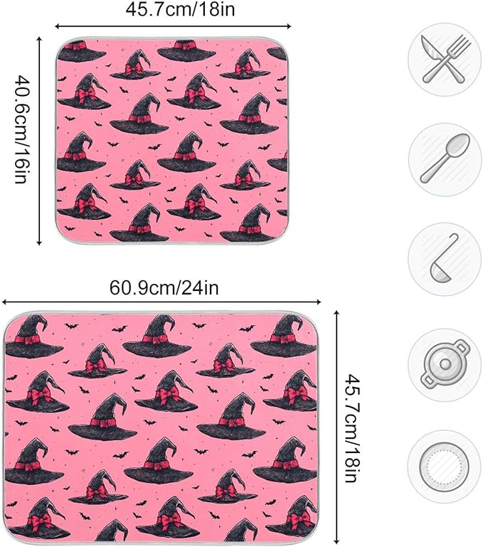 Witch Bow Hot Pink Dish Drying Mat for Kitchen Countertop 18x24 Halloween Bowknot Bat Large Drying Mat Reusable Quick Dry Dish Sink Mats Easy Clean Decorative Essentials