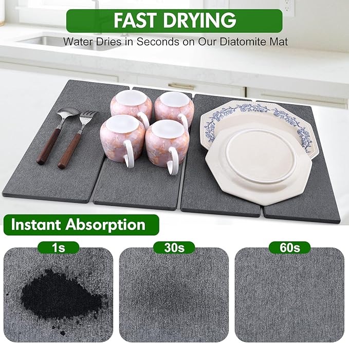 Stone Dish Drying Mat for Kitchen Counter, Foldable Diatomaceous Earth Large Dry Mats Grey 24"×16"