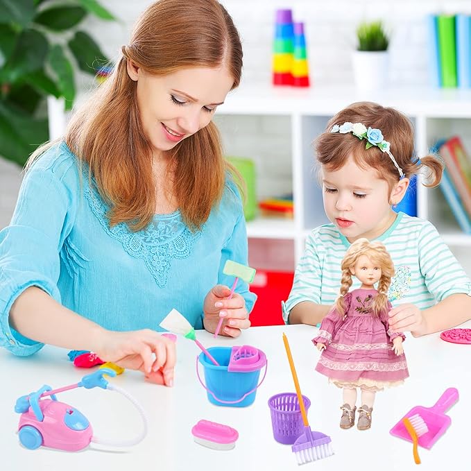 9 Pcs Miniature Dollhouse Cleaning Supplies Mini Bucket Mop Dust Pan Brush Broom Mini Housework Cute Cleaning Supplies Tools Miniature Furniture Dollhouse Decoration Accessories
