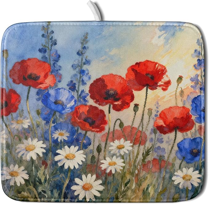 4th of July Dish Drying Mat for Kitchen Counter 16x18 Patriotic Floral Independence Day Memorial Holiday Absorbent Reversible Microfiber Drying Mats Kitchen Countertop Protector Dishes Drainer Pad