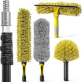 4-12Ft Telescoping Extension Pole Kit, 5-in-1 High Reach Duster with Chenille Window Squeegee Microfiber Feather Cobweb Duster for Ceiling Wall Hard-to-Reach Indoor & Outdoor Cleaning Yellow