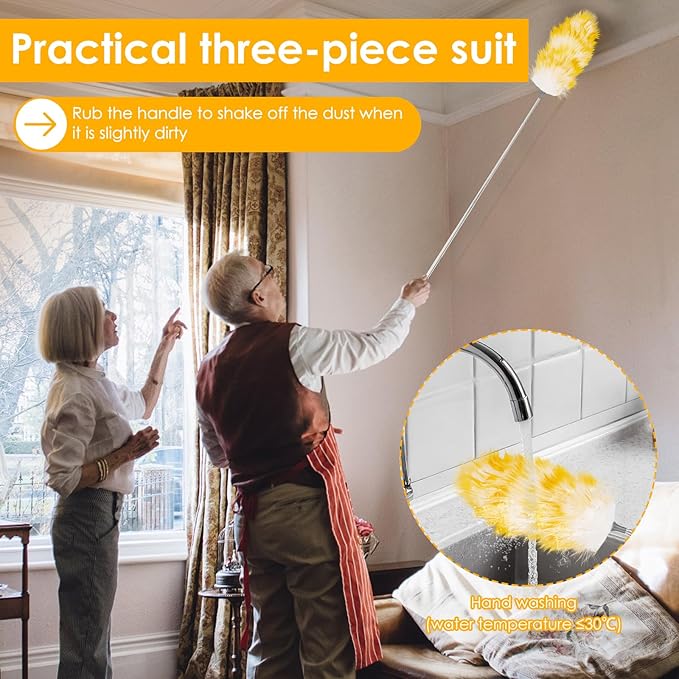 Lambswool Duster, 21"- 51" Extendable Feather Duster with 2 Brush, Long Feather Dusters for Cleaning Fans, Ceiling, Bookshelevs, for Home & Office