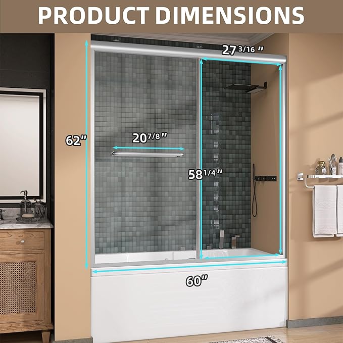 GETPRO Tub Shower Door 56-60 in. W x 62 in. H Double Sliding Bathtub Door for Shower,Semi-Frameless Bypass Glass Shower Doors for Bath Tub with 5/16 inch Tempered Glass Brushed Nickel