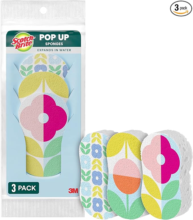 Scotch-Brite Brite Blooms Pop Up Kitchen Sponges, Unique Compressed Kitchen Sponge for Cleaning Gently, Spring Flower Pattern Dish Sponge That Expands with Water, 3 Scrubbing Sponges