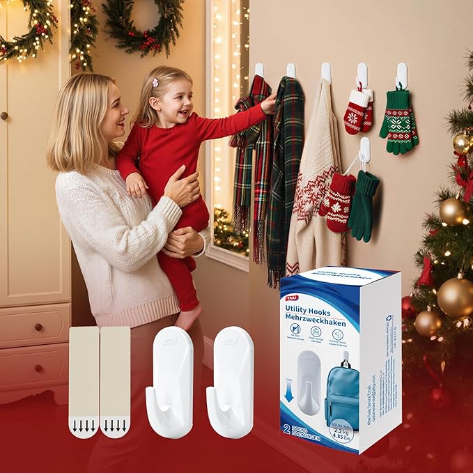 TAILI Hooks for Hanging,2 Plastic Large Sticky Hooks and 4 Adhesive Strips, White Utility Hooks for Painted Wall, No Damage Heavy Duty Hold up to 5 lb, Removable & Reusable for Door, Dorm, Clothes
